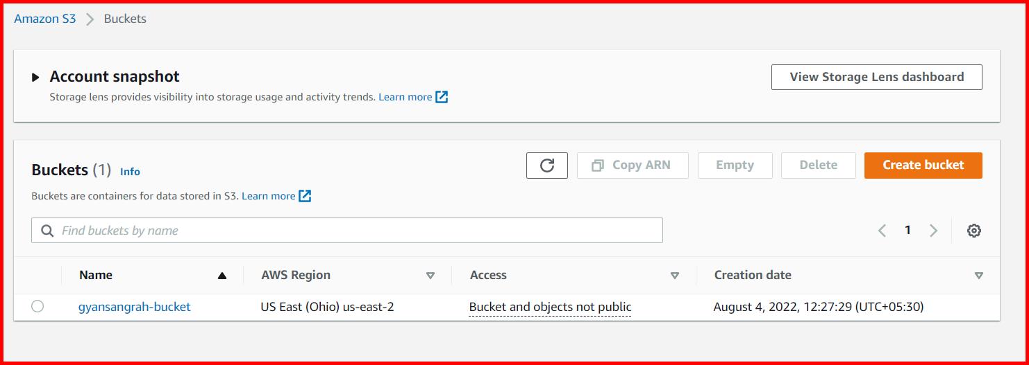 Picture showing the S3 bucket created in AWS console